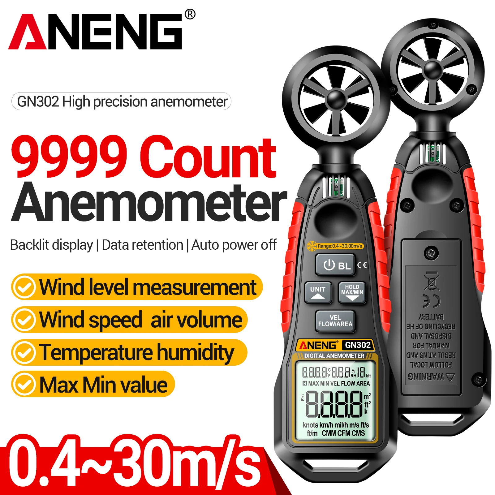ANENG GN302 Digital Anemometer Wind Speed Humidity Temp Air Volume Multi‑Unit Switch Data Hold HVAC Ventilation Repair Tool