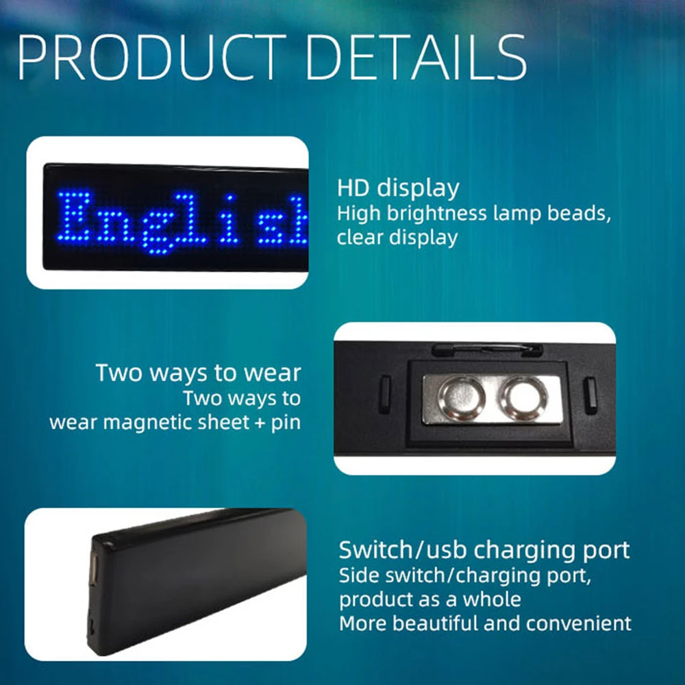 Bluetooth LED Digital Badge, Carregamento USB, DIY, Programável, Vários Idiomas, Durável, Rolagem, Módulo de Sinal