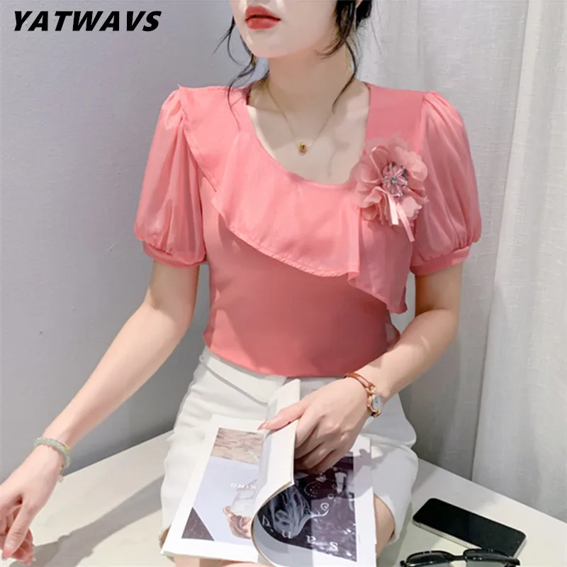 

Summer New Korean Women T-shirt Fashion 3D Flower Handmade Beading Tees Sweet Girl Chic Skew Neck Short Sleeve Cotton Tops