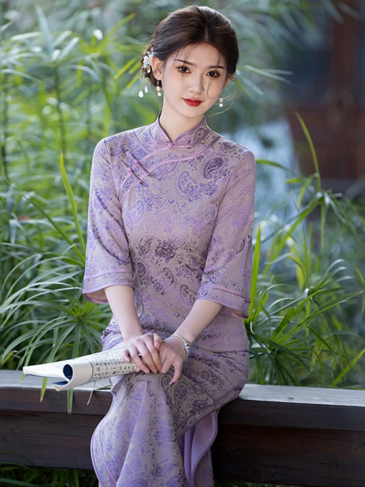 

Young Women's Long Purple Qipao Mother's Sle Retro Spring Summer Autumn Floral Print Svel Midi Dr for Daily Wear