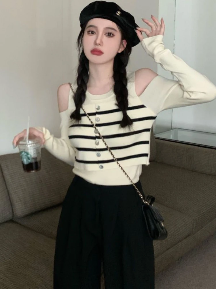 Pullovers Women Off Shoulder Sexy Slim Simple Striped Sweet Chic Korean Style Retro Creativity Ladies Fake 2 Pcs Autumn Leisure