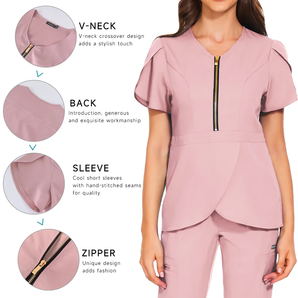 Wholesale Fashion Scrub Suits Hospital Uniform Set Solid Color Hospital Surgical Gown Pocket V-neck Scrubs Set for Women Joggers