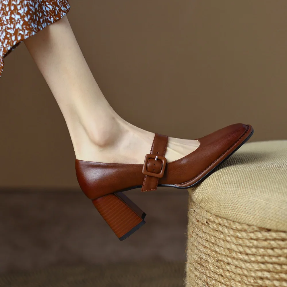 Single Shoe Women's Spring Autumn New French Retro Shallow High-heeled Shoes Brown Soft Leather One-piece Belt Mary Jane Shoes