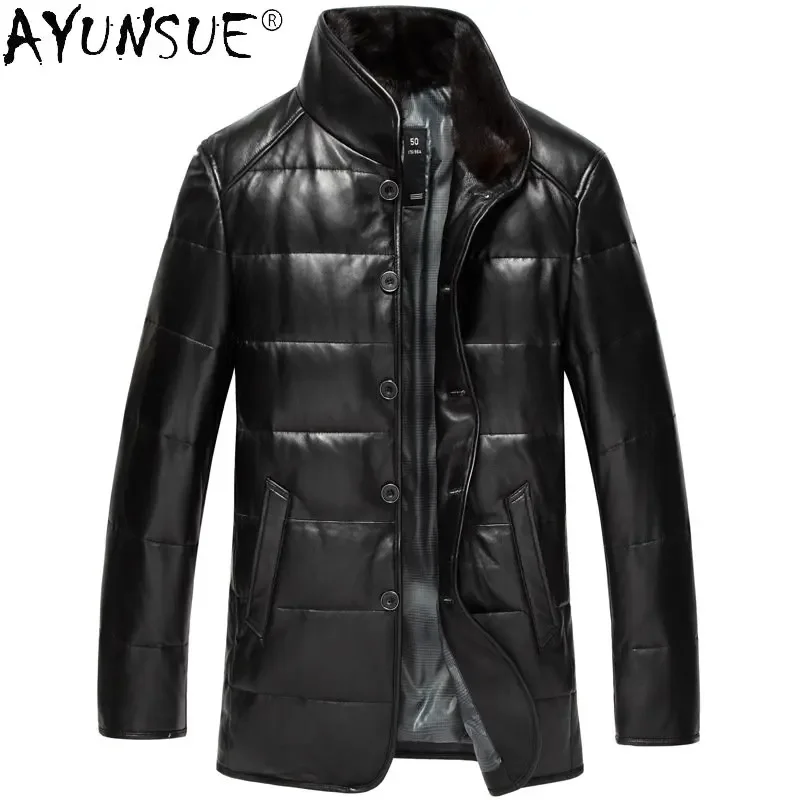 

AYUNSUE Genuine Leather Winter Down Jacket Men Detachable Mink Collar Business Casual Medium Sheepskin White Duck Down Coat Male