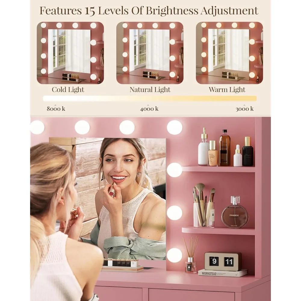 Vanity with Lights, Makeup Vanity with Mirror, 3 Lighting Modes, for Bedroom, Pink, Makeup Vanity Includes 2 Drawersjavascript: