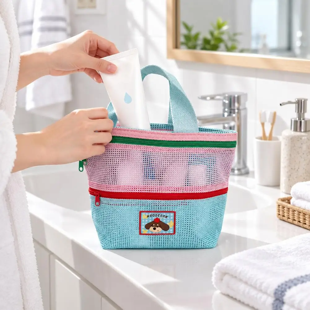 Mesh Tote Bag Double Zipper Breathable Quick Drying Beach Storage Bag Portable Handheld Cosmetic Toiletry Wash Pouch