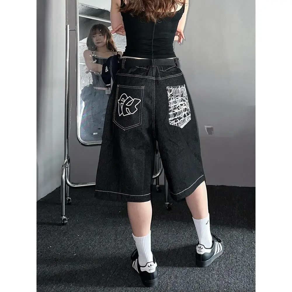Pantalones cortos vaqueros holgados de estilo Y2K para mujer, con cintura alta, perneras anchas, estampado de grafitis, costuras contrastantes y largo hasta la rodilla. Pantalones casuales de estilo urbano.