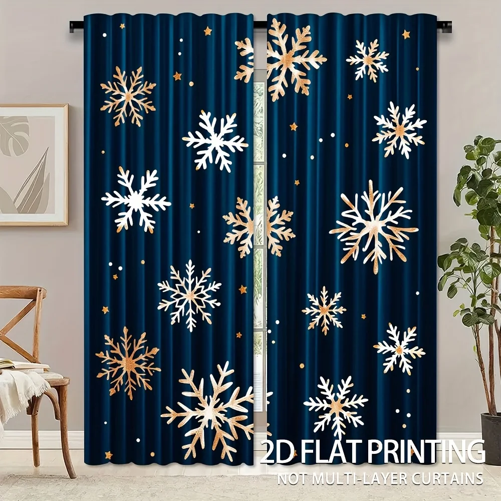 Dark Navy White Gold Snowflake Curtains 2 Panels, Minimalist Winter Star Dot Simple Elegant Xmas Holiday Living Room Curtain
