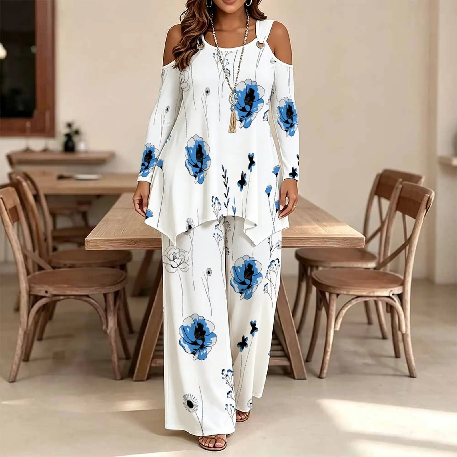 Plus Size Women's Irregular Top Printed Trousers Autumn Long-sleeved Off-the-shoulder T-shirt Winter Two-piece Set Elegant Pants