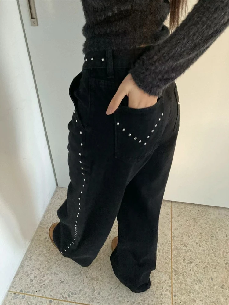 Sli Retro Heavy Metal Colion Nail Slim Straight Casual Jeans High Waist Commute Sle Embellied with Beads All Seasons