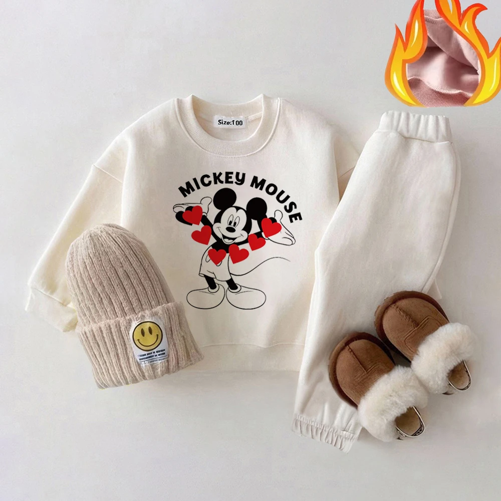 Winter Toddler Boy Girl Sweatshirt + Pants Mickey & Minnie Warm Fleece Infant Baby Boy Hoodies For 0-4Y Boy Warm Pullover Suits