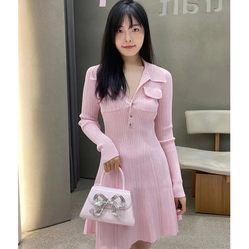 Women\'s Pink Knitted Mini Dress, Turn Down Collar, Single Breasted, Long Sleeve, Slim Women Sweater Dress, Early Autumn Fashion