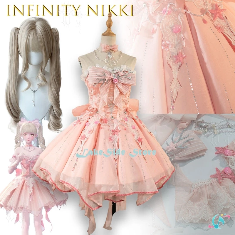 

Infinity Nikki Pink Ribbon Waltz Full Set Sweet Style Cosplay Costume Spring Sweet Lolita Sleeveless Rose Patch Lace