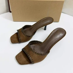 Women's Brown Suede High Heel Mules Square Toe Woven Detail Stylish Summer Sandals Comfortable Lightweight Fashion Shoes