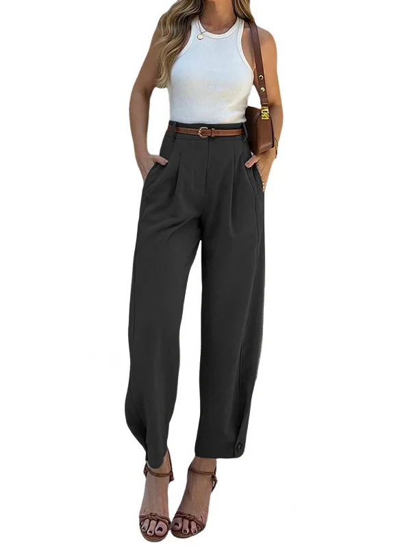 Ele لون نقي ارتفاع الخصر فضفاض سراويل نسائية عادية شيك تسعة عشرات دعوى السراويل Quali Faionable السيدات بنطلون