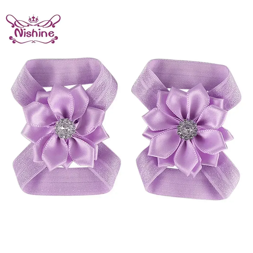 Cute 2pcs/pair Chic Satin Ribbon Flower Barefoot Sandals Baby Shower Gift Girls Newborn Toddler Kids Photography Props