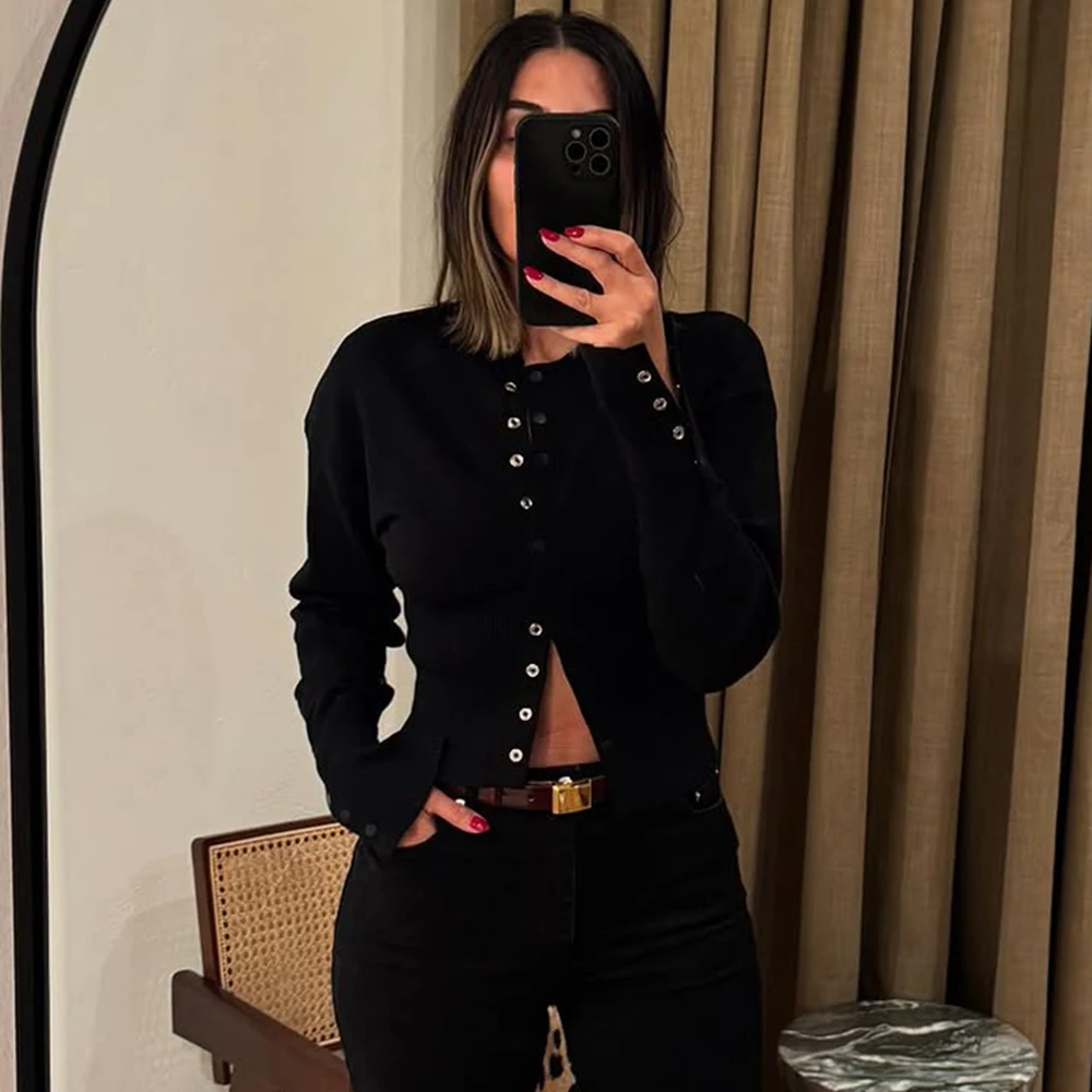 Talenza Women's High Waist Round Neck Single Breasted Cardigan Solid Long Sleeve Short Sweater Top Autumn Slim Bottoming Shirt