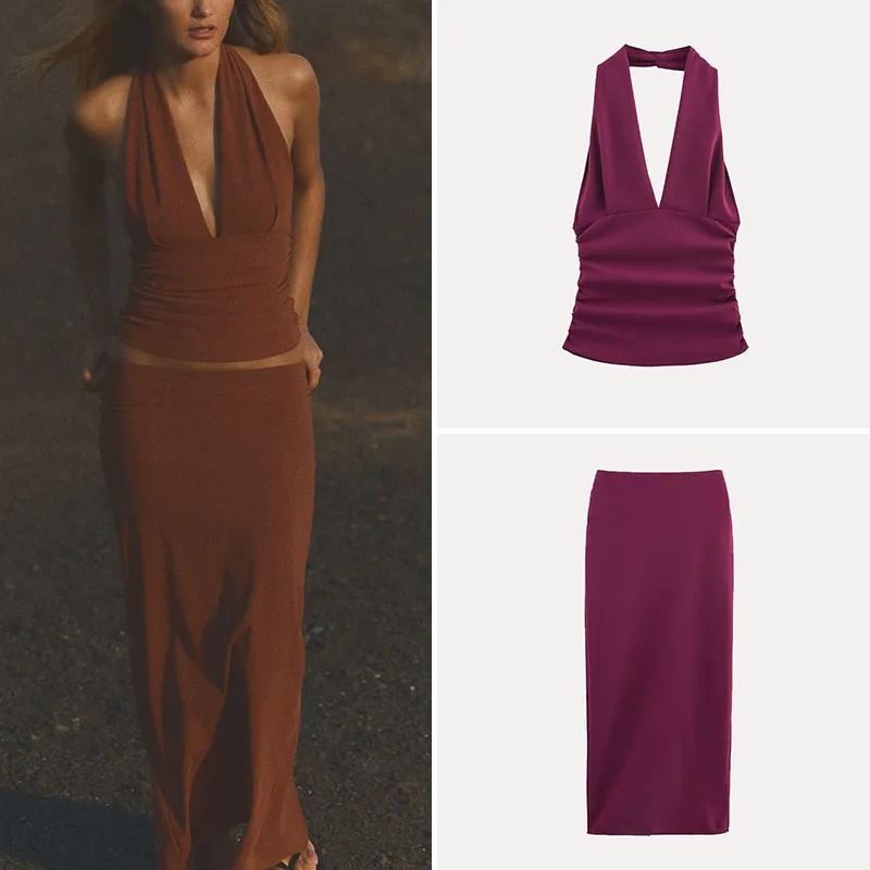 

Spring 2025 Women's Fashion Set Polyester Fiber Halter Neck Top And Skirt Ensemble Zadata Brand New Arrival