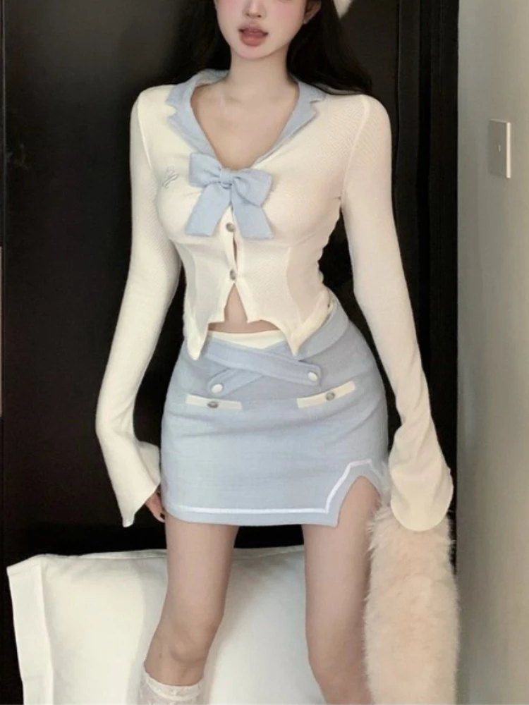 2023 Autumn Kawaii Blue Suit Woman Japanese Style Y2k Crop Tops + Slim Bodycon Mini Skirt Party Lolita Fashion 2 Piece Set Chic