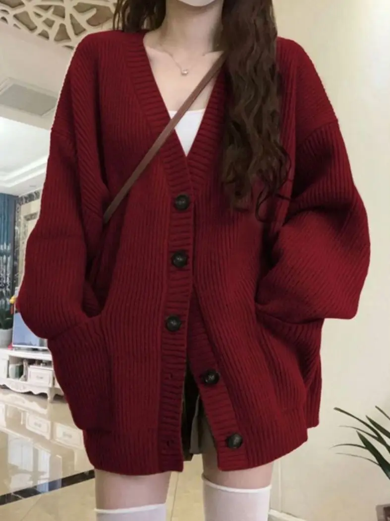 

2025 New Wine Red Lazy Sle Knitted Open Cardigan Sweater Autumn Winter Outerwear Loose Top Women's Faion Casual Wear
