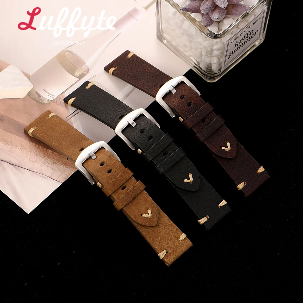 Fashion Men Lychee Texture Leather Watch Band 18mm 20mm 22mm Hand Stitching Comfortable Replacement Calfskin Wristband