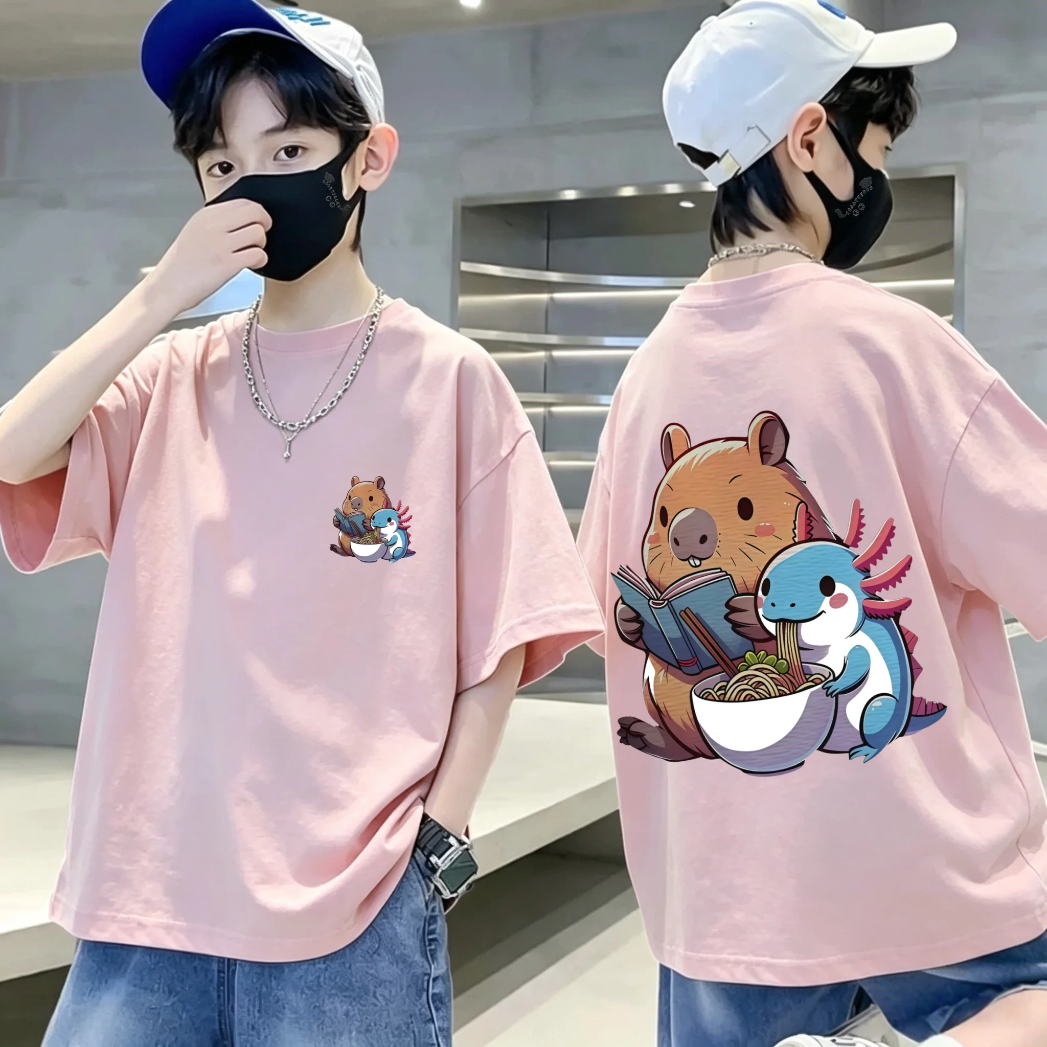 Children's crew-neck cotton T-shirt, with water buffalo eating noodles pattern, suitable for daily wear, children's pullover top
