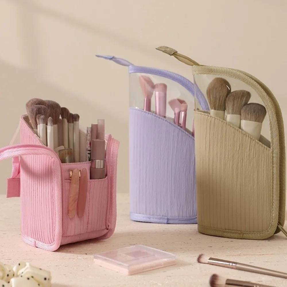 Large Capacity Vertical Cosmetic Bag Waterproof Visible Makeup Brush Case Portable Standing Travel Storage Pouch Wash Storage
