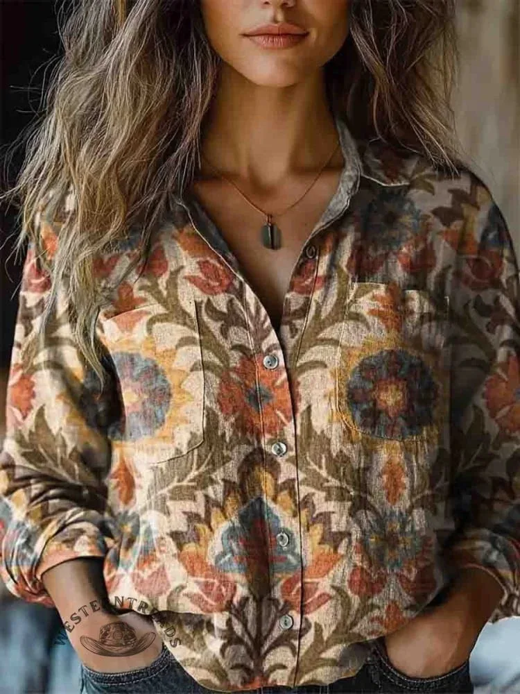 2025 Spring And Autumn New Bohemian Style Women\'s Casual Shirt Fashion Floral Print Lapel Long Sleeve Loose And Versatile Top