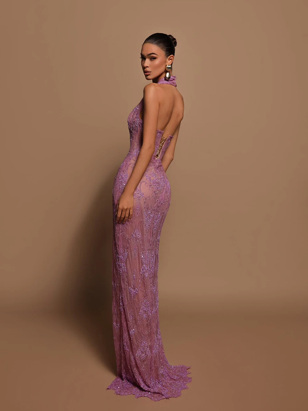 Sexy Lace Sheath Long Evening Dress Lilac Deep V-Neck Transparent Party Dresses Backless Special Occasion Dress