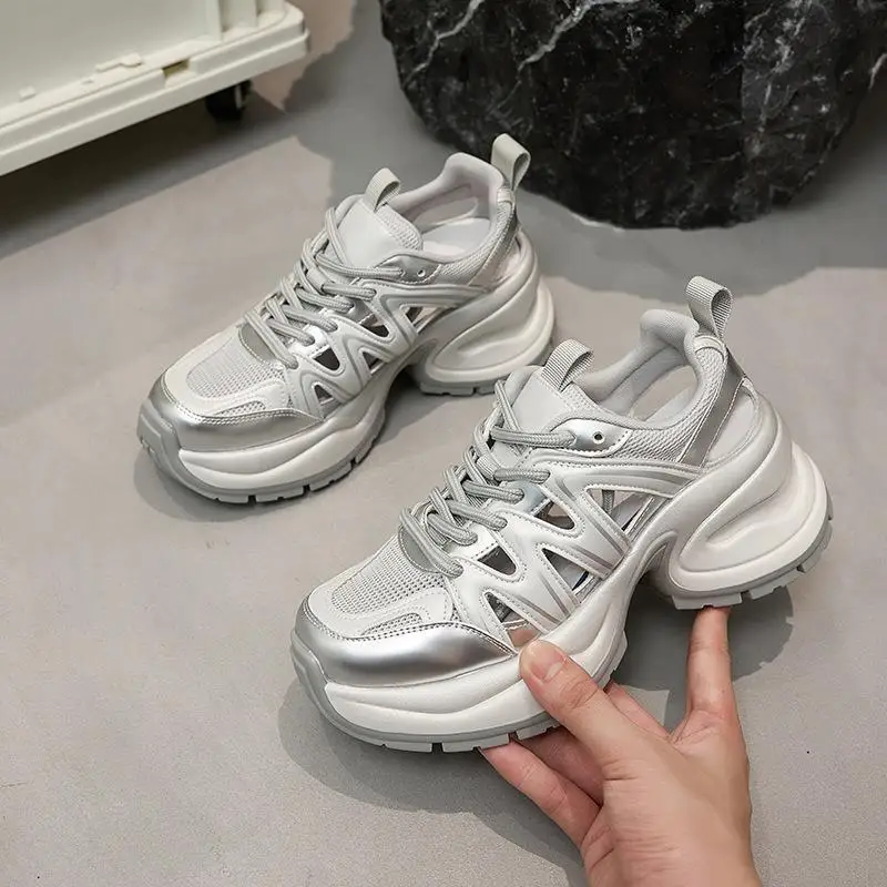 

Lightweight Casual Fashion Sneakers Thick Bottom Boosting Heightened Genuine Leather Old Dad Shoes Silver Color Trendy Flats