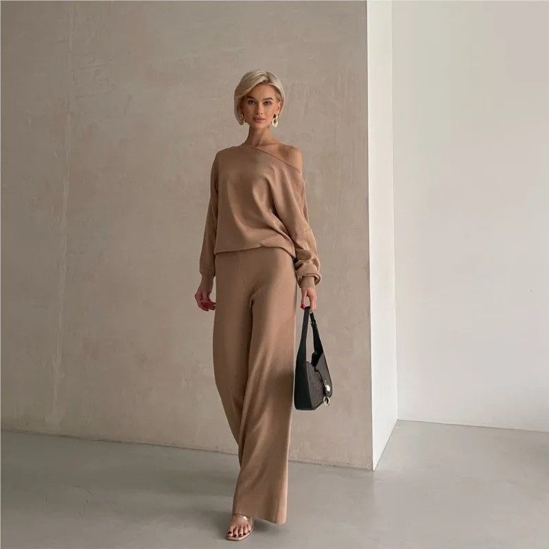 

2024 Autumn One Shoulder Sexy Knit Two Piece Set Casual 2 Piece Tracksuit Women Knitted Pants Suit Pants and Top Matching Sets