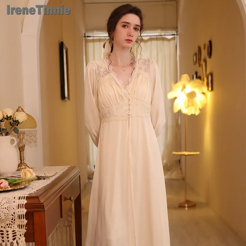 

IRENE TINNIE 2023 New Spring Summer Ice Silk Robe Nightdress Fashion Elegant Apricot Long Pajamas Nightgown пижама женская