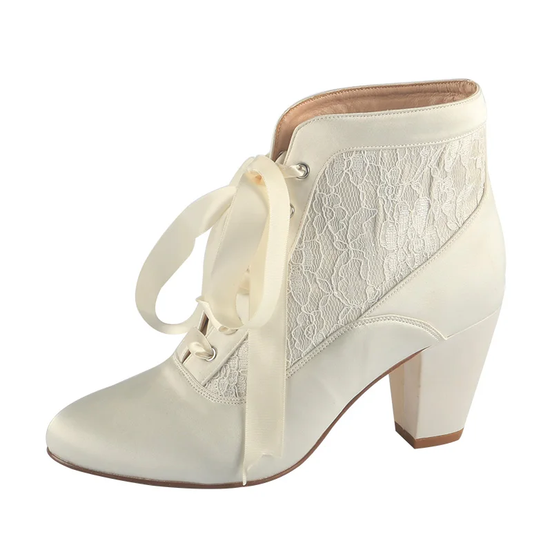 

Venus lure Winter Boots for Women Bride Ivory Embroidery Lace Ribbon Tie Wedding Boots Bridal Block Heel 8.5CM