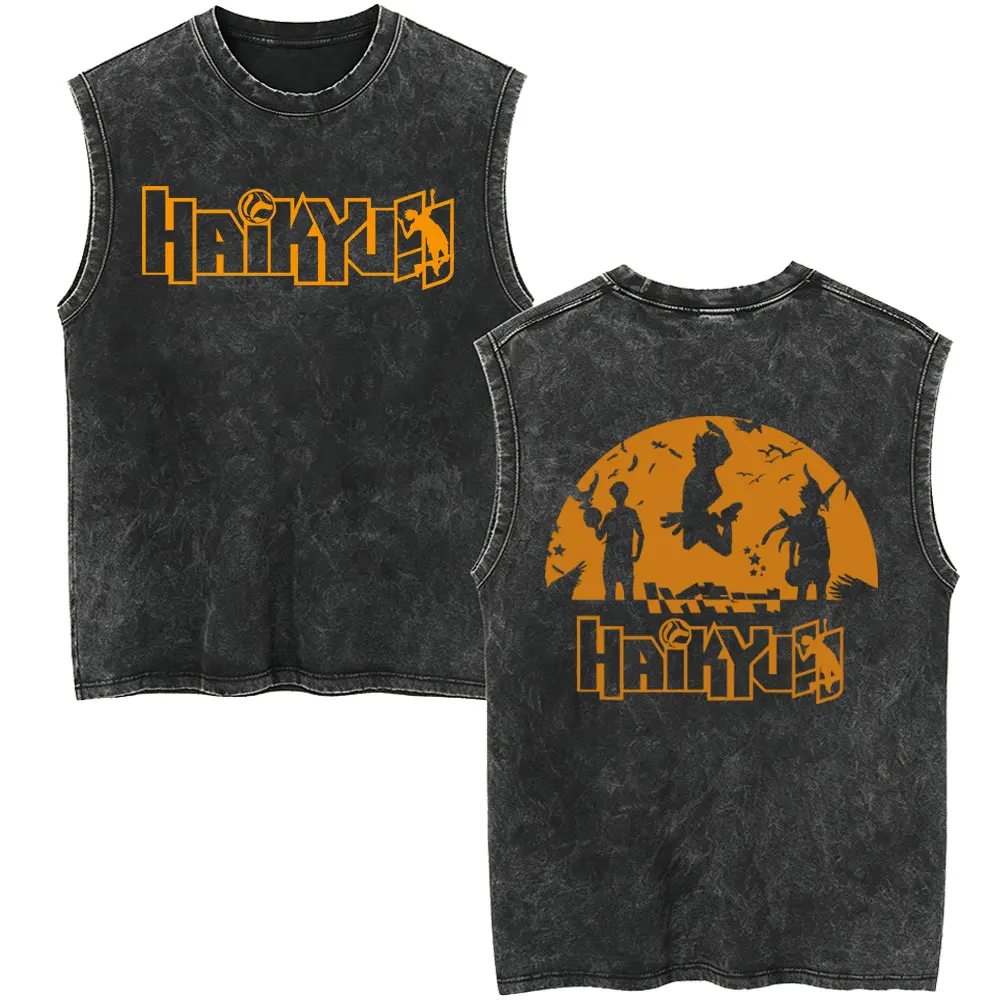 Anime Haikyuu KARASUNO Vintage Washed Tank Tops Men Cartoon Manga Harajuku T Shirt Male Summer Casual Sleeveless Vest T-shirt