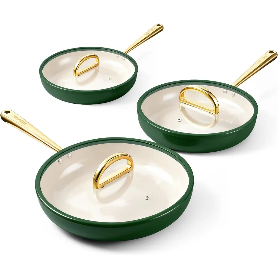 

Сковороды с антипригарным покрытием, титановая керамика, 8, 10 и 12, набор сковородок со стеклянными крышками для повседневного приготовления пищи, нетоксичные, из ПТФЭ, PFOA, бесплатно