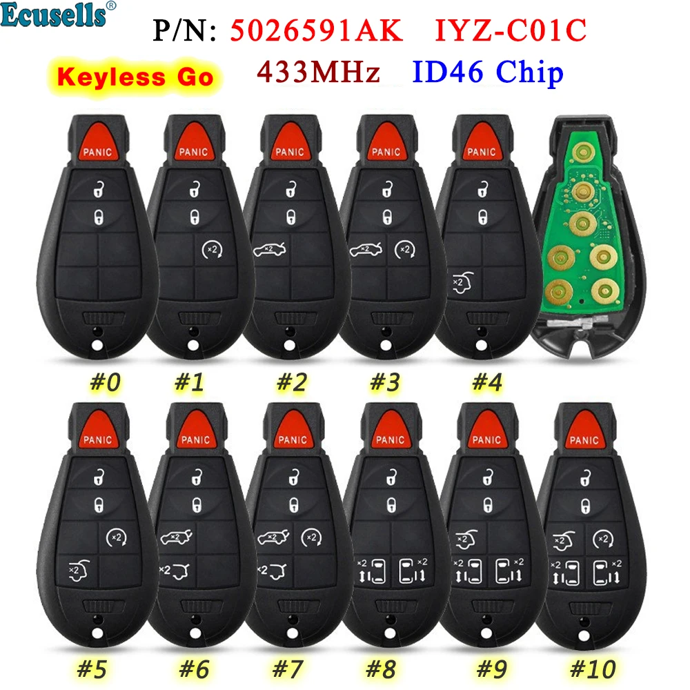 

3/4/5/6/7 Keyless-Go Proximity Remote Key 433.92MHz for Chrysler/Dodge Caravan/Jeep PCF7945 ID46 Chip FCC ID: IYZ-C01C CY24