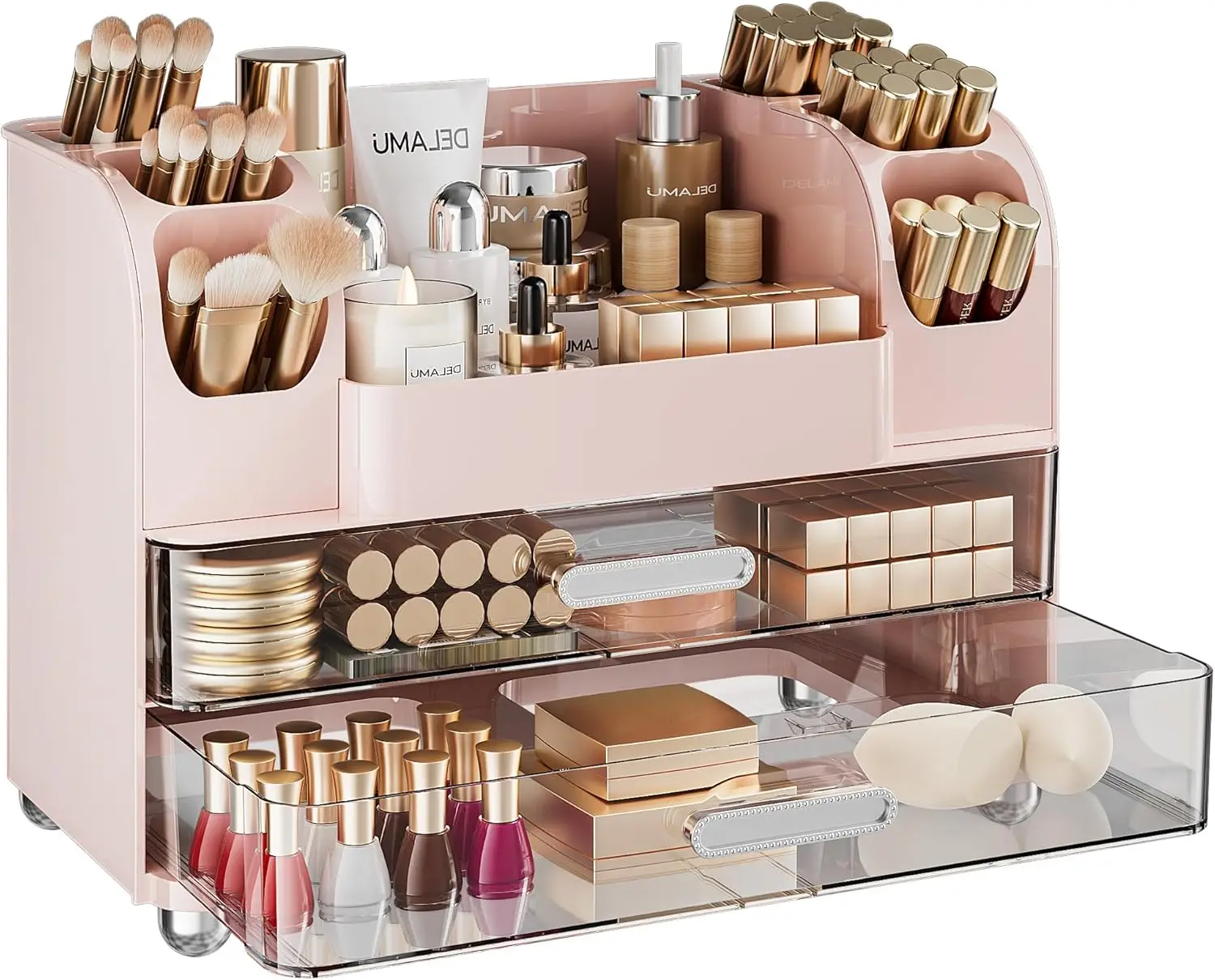 

Розовый органайзер для макияжа с 6 держателями для кистей, 2 большими ящиками для туалетного столика в ванной, идеальный рождественский подарок для женщин и девочек