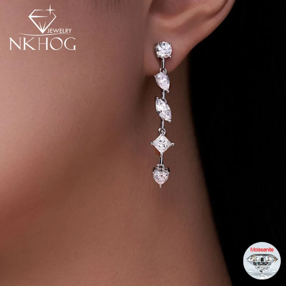 

NKHOG Full Moissanite Drop Earrings For Women 925 Sterling Silver Trendy Round/Pear Diamond Ear Stud Party Gift Fine Jewelry GRA