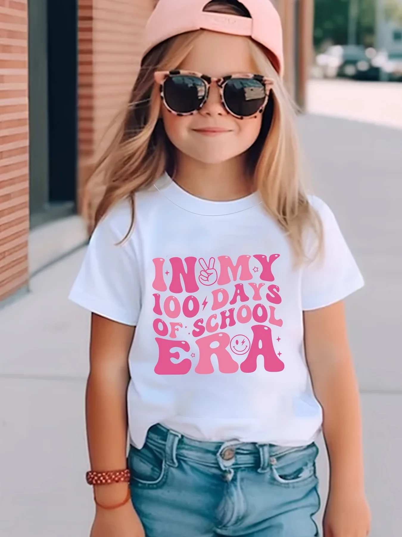 Girls' 100 Days of School Cartoon Print Short Sleeve T-Shirt Polyester Casual Top for Summer Ages 1-8 Children Clothing