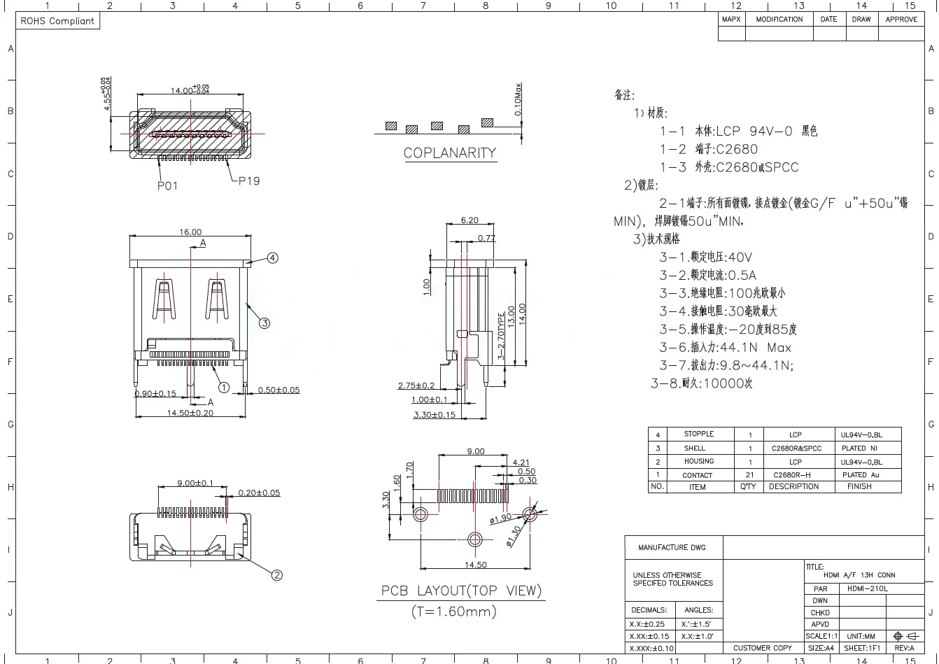 5 PZ/HDMI-001S HDMI-210L HDMI-001C 1747981-1 Connettore HDMI