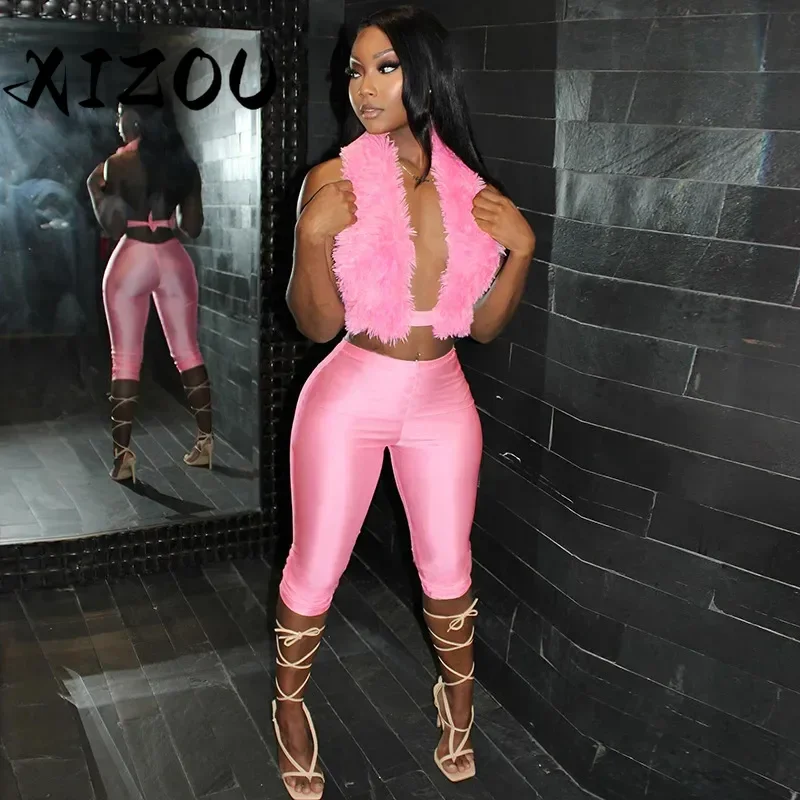

XIZOU женский комплект, укороченный топ без рукавов с лямкой на шее и брючные костюмы 3/4, летние сексуальные уличные вечерние комплекты из двух предметов 2023 года, наряды