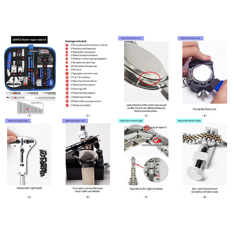 185 шт., набор инструментов для ремонта часов, часы, часовой звено, растворяющийся корпус, открытый съемник, набор линеек для замены батареи