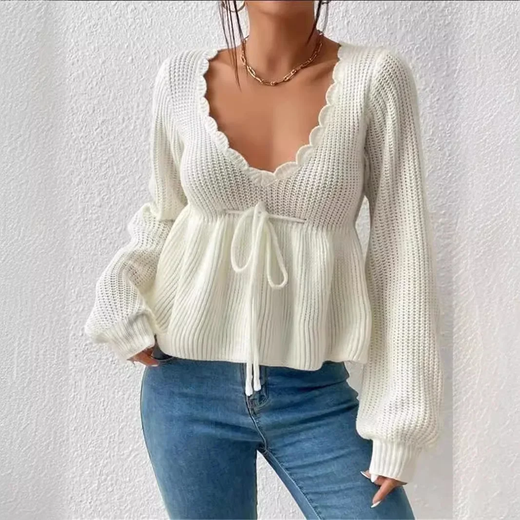 2025 Loose V-neck Black and White Solid Color Drawstring Tied with Ruffle Hem Skirt Knit Pullover Sweater