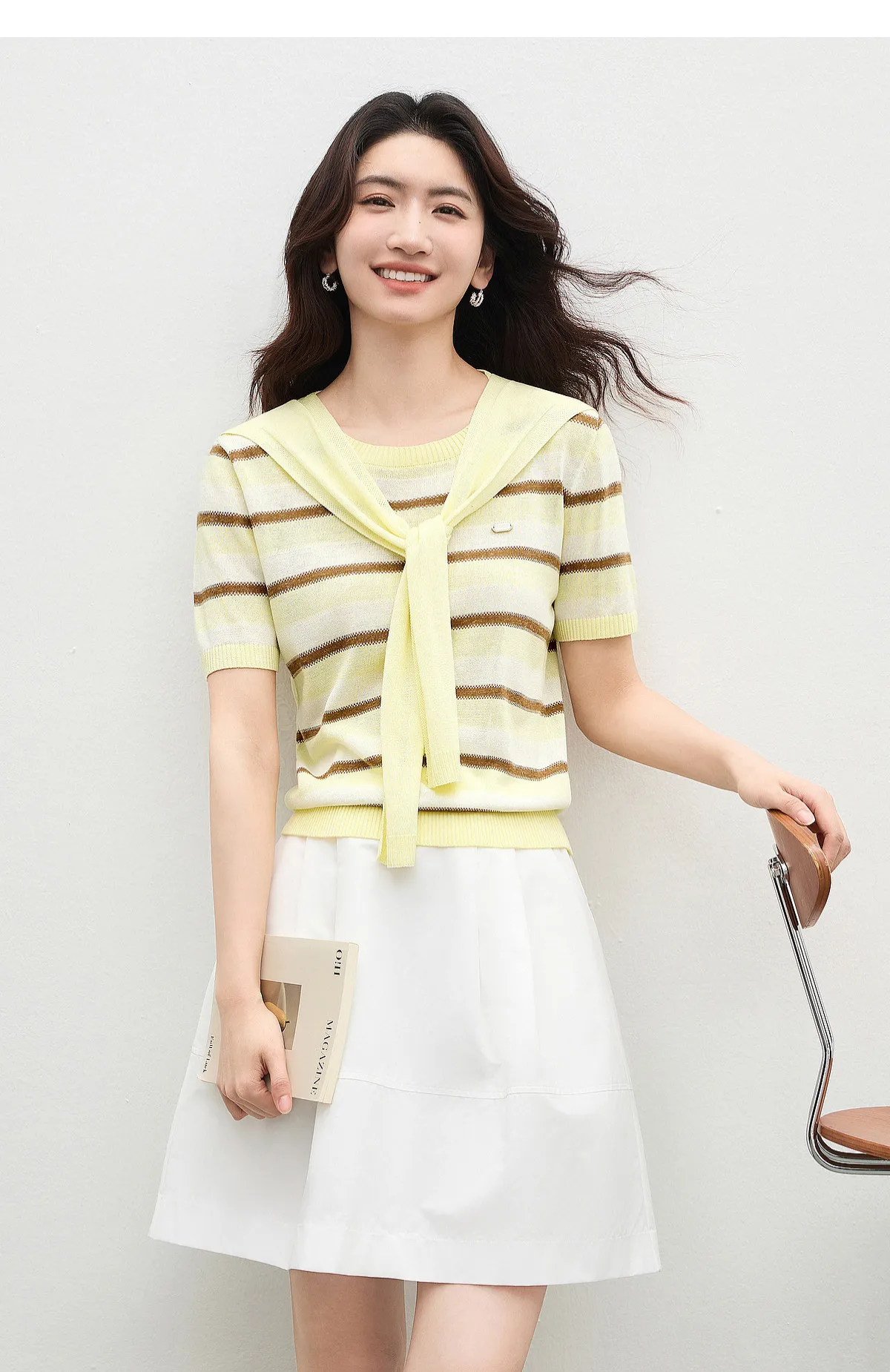SENTUBILA Leichter Strickpullover für Damen mit Streifenmuster, Rundhalsausschnitt, abnehmbarem Schal, Sommer-Freizeitpullover mit kurzen Ärmeln, Top W62HC7519 – Detail 19
