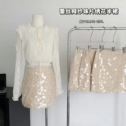 Mini Skirts for Women 2023 Lace Mesh Sequins High Waisted A-Line Summer Hot Girls with Liner Zipper Fly Fashion Y2k Skirt