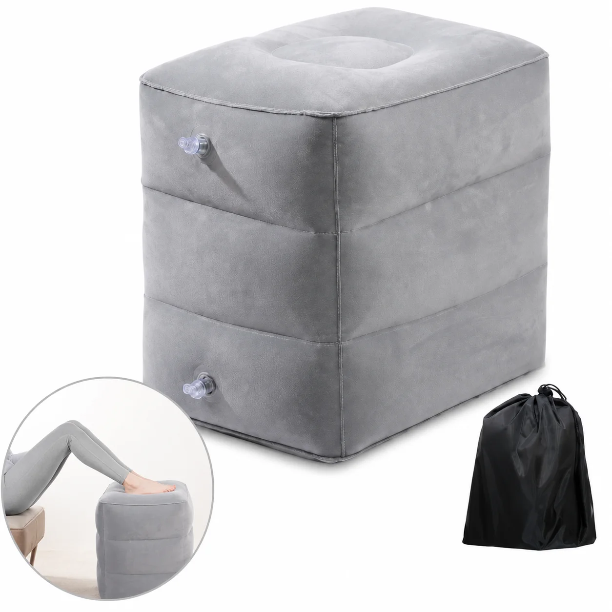 Almofada de descanso para os pés portátil, inflável e ajustável, com três camadas, adequada para viagens de avião e escritório.