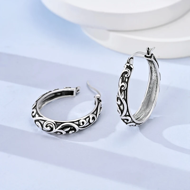 925 Sterling Silver Earrings Women Zirconium Vintage Scroll-Pattern Hoop Earring For Anniversary Wedding Jewelry Gifts
