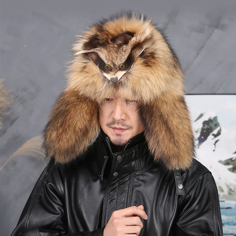 Real Fur 100% Raccoon Fox Skin Russian Hats Pilot Bombers Full Mao Men\'s Hat Ushanka Winter Ear Guard Hat Raccoon Fur Beanie Hat