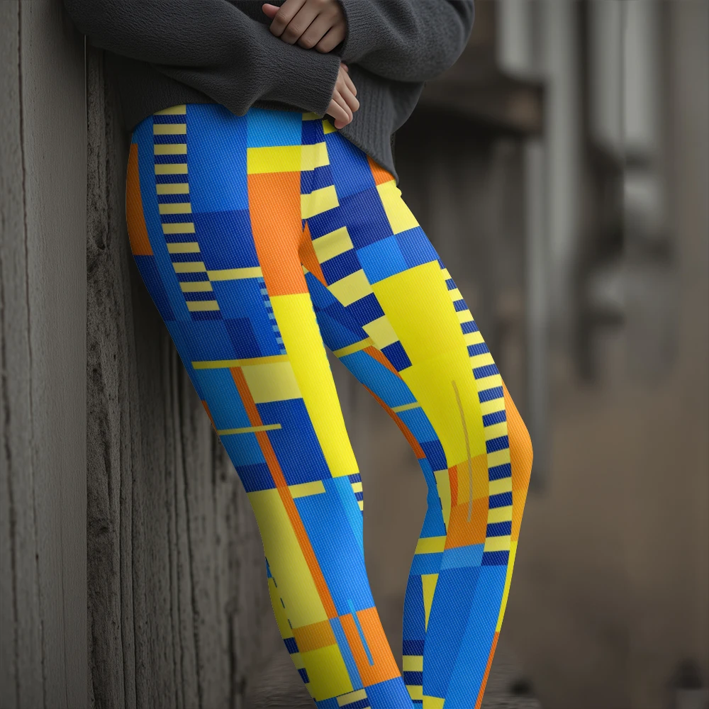 المرأة عالية الخصر نابضة بالحياة المرقعة مخطط طماق متعدد الألوان نمط هندسي بسط اليوغا السراويل لملابس النشطة العصرية #3