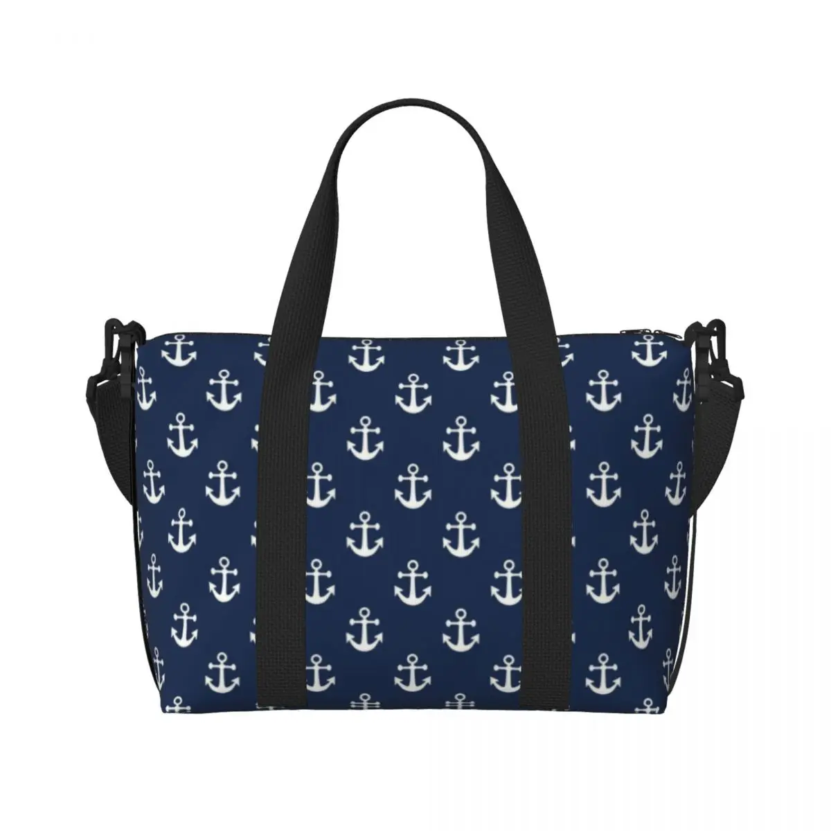 Custom Large Navy Blue Nautical Anchor Tote Bag for Women Shopper Shoulder Beach Gym Travel Bag